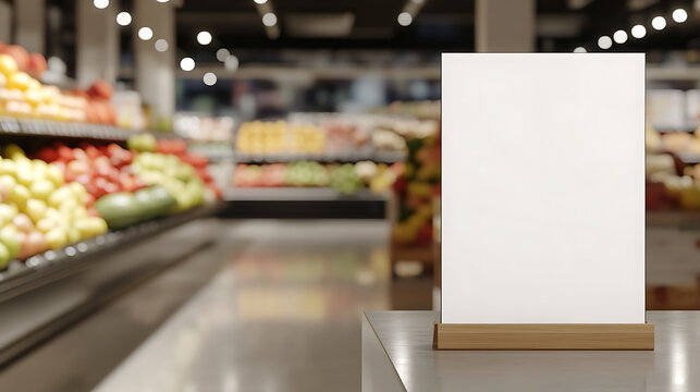 Blank sign sits on a counter in a grocery store aisle with fresh produce in the background. Use this image for advertisements, in-store promotions, sales or specials.