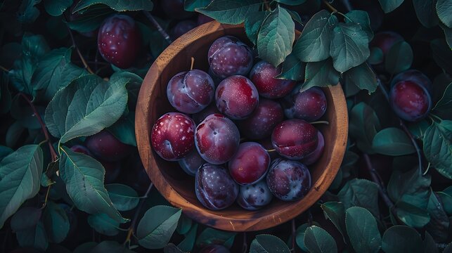 A group of ripe plums arranged in a wooden bowl with their deep purple skins and hints of red set against a backdrop of green leaves and branches