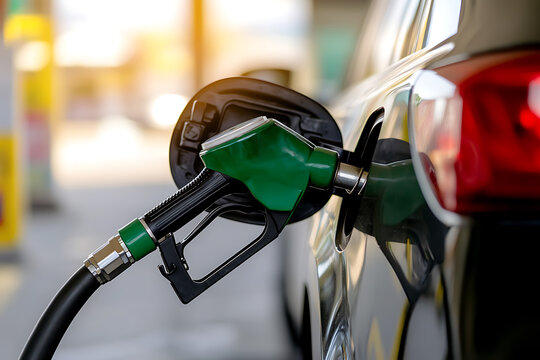 Close-up shot of a green pump nozzle filling a vehicle with fuel at a fueling station, illustrating the everyday task of refueling for transportation and mobility.