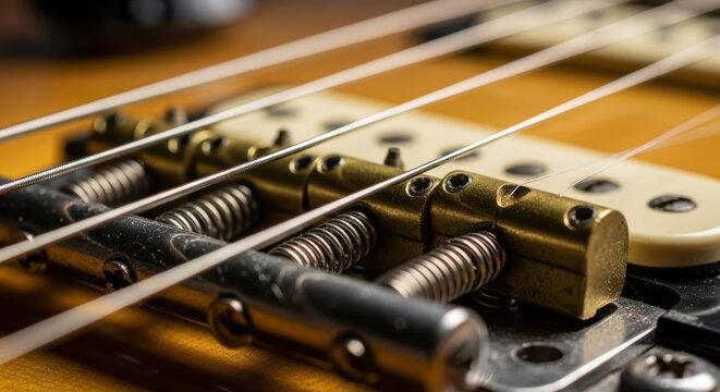 Close-up of electric guitar bridge and strings in detailed focus