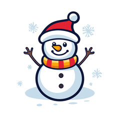 Vector image of a snowman wearing a hat and scarf, flat design,  bold, friendly colors, seasonal decoration