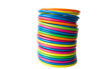 Vibrant colorful hoops stacked high for fun and fitness