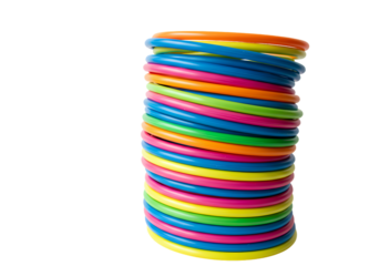 Vibrant colorful hoops stacked high for fun and fitness
