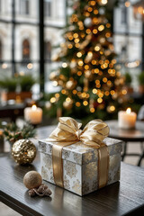 Luxury gift box with gold ribbon in cozy holiday room decor featuring christmas tree and festive lights