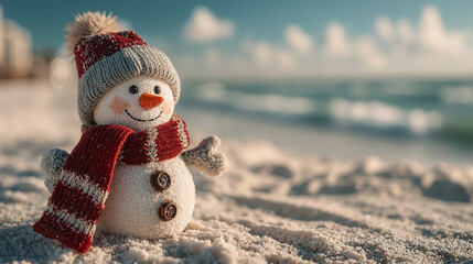 Cheerful sandy snowman with red scarf and hat enjoying sunny beach day by the ocean, christmas concept