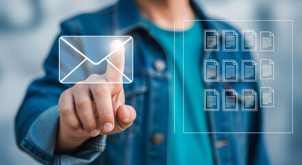 Businessman's hand presses a virtual email button on a touch screen interface, representing digital communication and future business technology