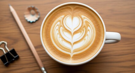 Artistic latte in white cup on wooden table with pencil and shavings