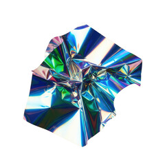Crumpled iridescent holographic foil, shimmering electric blues, greens, purples, suspended dynamically against a clean light pink background, a modern abstract luxury design concept