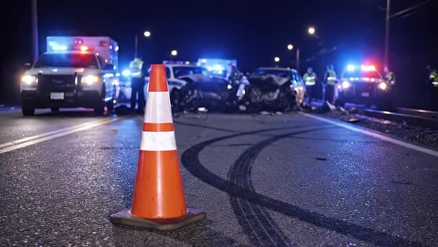 Nighttime car accident scene with a wrecked vehicle, police cars, and an ambulance with flashing emergency lights