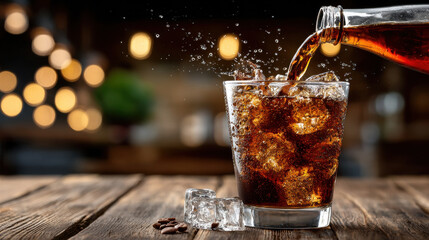 Cola pouring into glass with ice on rustic wooden table in cozy dining setting with warm ambient lighting
