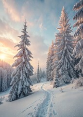 Cold Weather Scenery &ndash; Snow-Covered Pines, Subtle Mist, Footprints in Deep Snow 