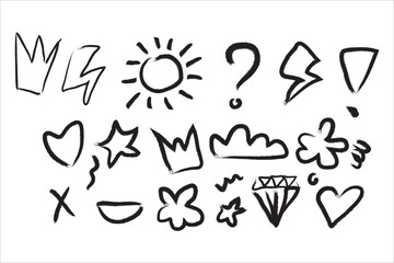 Set of trendy hand-drawn doodles in a rough chalk style. Collection of graffiti and sketch symbols like hearts, stars, and crowns for sticker packs, isolated on white background, vector illustration.