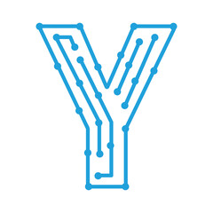 Digital circuit board letter y shape with blue connections and nodes glowing vector