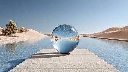 Surreal glass sphere reflecting desert oasis in tranquil water landscape under clear blue sky