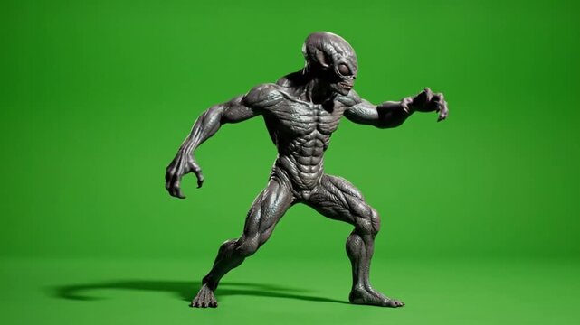 Intense alien creature animation ready for VFX compositing against green screen for dynamic science fiction scene creation and thrilling digital effects For Movies clips