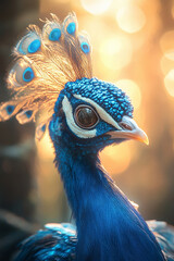 Majestic blue peacock with vibrant feathers glowing in golden sunset light