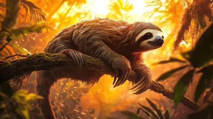 Peaceful sloth relaxing on tree branch amidst lush tropical jungle at sunrise, bathed in warm sunlight