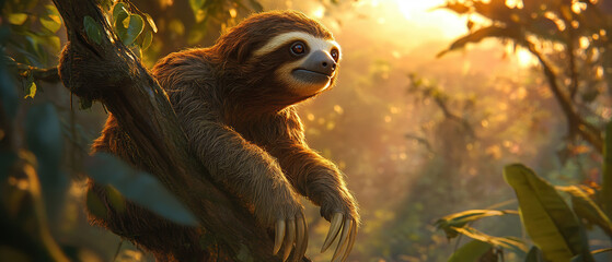 Cute sloth perched on tree in lush jungle during golden sunrise
