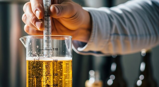 Closeup of a hand holding a hydrometer in a beaker filled with a golden liquid, possibly beer, with bottles in the background, suggesting a brewing or laboratory setting