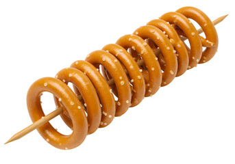 Crunchy pretzel rings stacked on wooden skewer