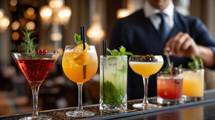 Diverse cocktails on bar counter with bartender creating craft drinks in elegant glasses with fresh garnishes