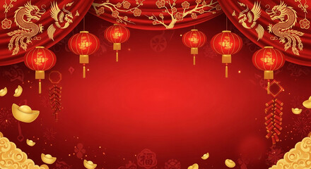 Vibrant red Chinese backdrop showcases golden dragons, phoenixes, plum blossoms, lanterns and bullion