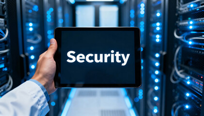 IT professional displays digital security concept on a tablet screen inside a modern server room.