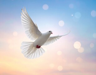 Obraz premium White dove in soft bokeh sky