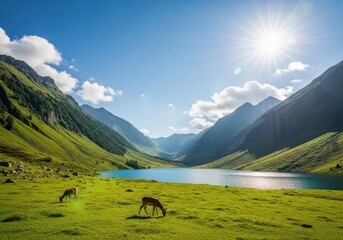 Serene mountain valley with turquoise lake and grazing deer under sunny sky
