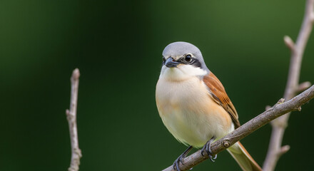 A Red-backed Shrike, perched on a thin, bare branch, is the main subject, positioned slightly right of the frame_s center