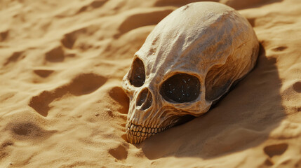 Ancient human skull partially buried in desert sand evoking mystery and exploration of forgotten civilizations and historical secrets