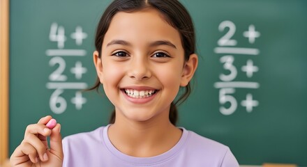 Smiling young girl solves math problems on a chalkboard, showcasing her enthusiasm for learning and the joy of mastering mathematical concepts in a classroom setting