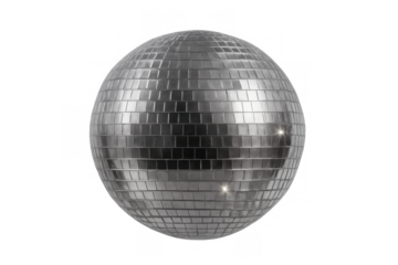 Disco mirror ball reflecting bright light against a transparent background, symbolizing party, celebration, and fun