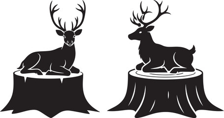 Two majestic reindeer silhouettes seated on tree stumps with antlers silhouette