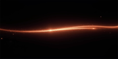 Abstract glowing orange light streak against a dark black background with subtle particles