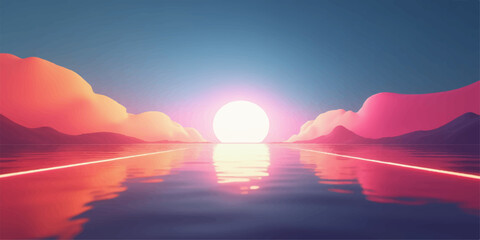 Obraz premium Surreal landscape with a glowing archway over a reflective body of water at sunset