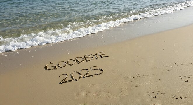 Goodbye 2025 written in sand on a beach with waves approaching