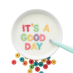Vibrant cereal letters float in a bowl of creamy milk, a cheerful start for a bright day