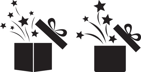 Two open gift boxes releasing stars and confetti silhouette