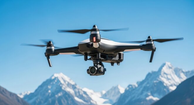 Modern drone with camera flies over majestic snow capped mountains