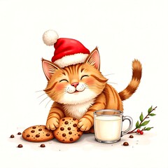 Cute orange kitten in a red santa hat enjoying cookies and milk on a winter Christmas day