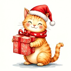 Cheerful orange cat with a Santa hat holds a festive gift box decorated with ribbons during the holiday season
