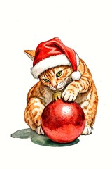 Cute cat playing a Christmas toy with colorful ornaments 