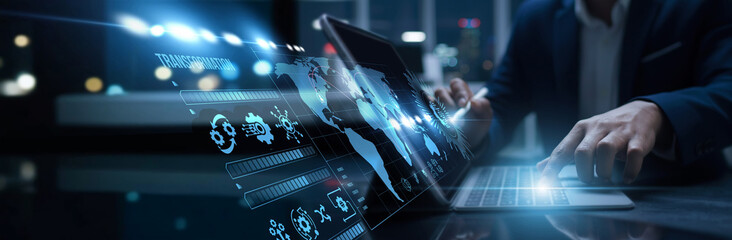 Business innovators connected to the digital transformation process access innovation growth. Data analytics, efficiency improvement, strategy evolution, and modernization excellence.