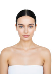 Young caucasian woman, 20s, light blue eyes, dark hair bun, bare shoulders, flawless skin, serene, on white studio background, soft high-key light, copy space, high-end beauty & skincare concept