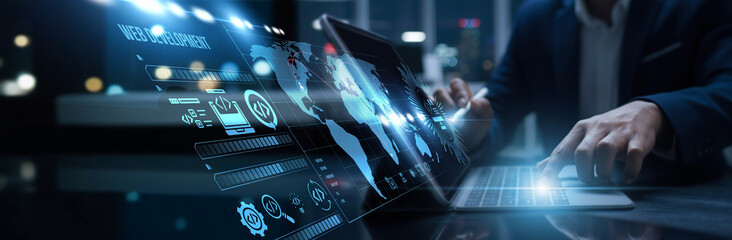 Developers connected to digital web development access responsive design. Coding structure, creative interface, UX optimization, digital architecture, and online presence enhancement.