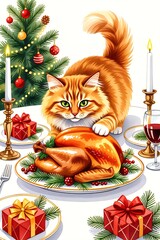 Cat enjoying holiday feast at a festive dinner table with decorations and gifts,
The cat wants to steal the turkey from the Christmas table.
