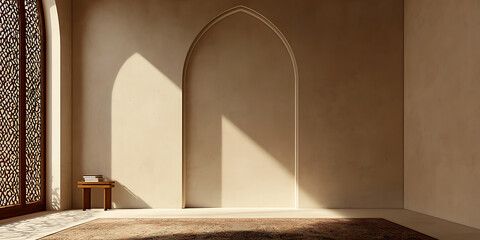 Sunlit Interior: An arched doorway bathed in light, adjacent to an intricately designed window.  A small wooden table holds books, setting a simple, elegant scene.