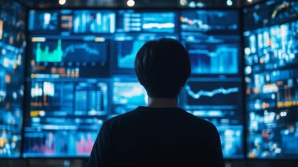 Person observing complex financial data displayed on multiple glowing blue screens - Powered by Adobe