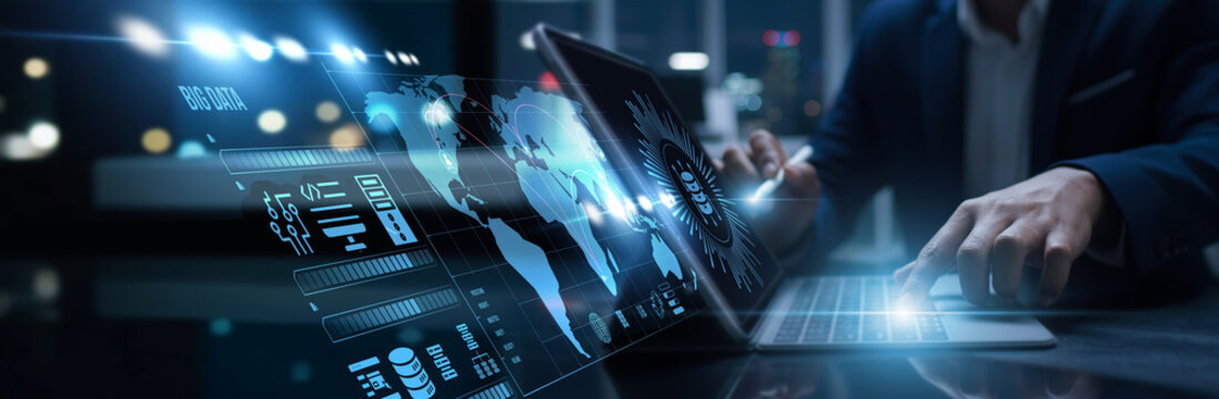 Data analyst connected to digital big data access predictive insight. Cloud analytics, data mining, visualization dashboards, and intelligent decision-making accuracy. - Powered by Adobe